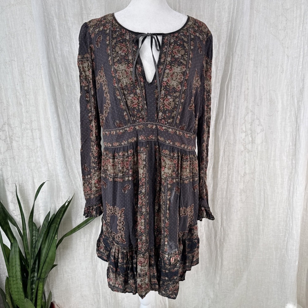 Free People Boho Cottagecore Floral Mini Dress L Prairie Peasant Festival Earthy